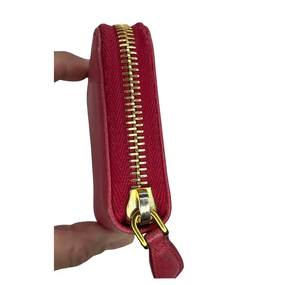 Prada Saffiano Leather Zip Coin Purse Compact Wallet Pink Gold Logo Italy Small